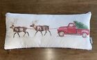 Bella Lux Christmas Pillow 12” x 26" Down Feathers Red Truck with Reindeer Bells