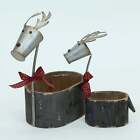 Set Of 2 Reindeers- Wooden Containers With Metal Bucket Heads Decorations