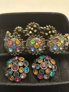 Pulsera De Colección Colorido Estrás Panel Tonificado Latón y Pendientes Domo NRT - Imagen 1 de 17