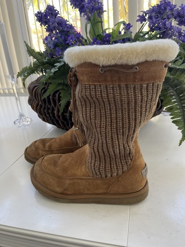 Stivali da sobborgo UGG all'uncinetto lavorati a maglia donna 7 marroni pelle di pecora SN 5124 morbidi