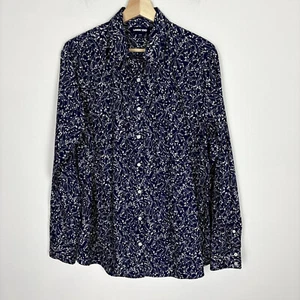 Lands' End No-Iron Supima Cotton Blouse Shirt Floral Size 14 TALL Navy Blue - Picture 1 of 9