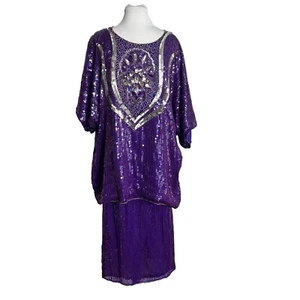 Vintage Exotica Outfit Top 24 Skirt 26 Purple Silver Sequins Elastic Waist Silk - Picture 1 of 15