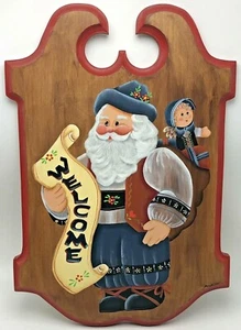 Christmas Winter Hand Painted Welcome Sign Santa Claus Blue Wood Board - Picture 1 of 11