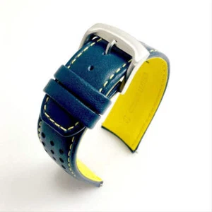 Correa de reloj de repuesto de cuero con extremo curvo con costuras azules amarillas #1547 - Imagen 1 de 55