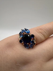 14ct Rolled Gold Bonded Ring Sapphire & London Blue Topaz Hallmarked 585RG Gift - Picture 1 of 7