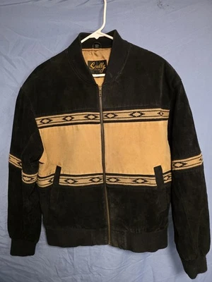 Jaqueta Bombardeiro Vintage Scully Couro Camurça Tamanho MÉDIO Preta Zíper Completo Forro Bronzeado - Imagem 1 de 4