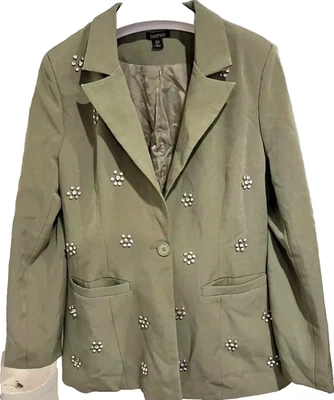 Womens Blazer Jacket Coat Olive Green Studded Rhinestones Lined Pockets Size 8 - Image 1 of 4