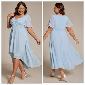 Ever-Pretty Chiffon Dress Size 26 Blue V Neck Flutter Sleeve Pleated Hi-Lo NWT - Picture 1 of 12