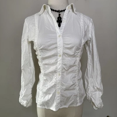 Camisa vintage años 90 Y2K blanca acanalada con botones blusa caprichosa oficina sirena 4 Foto 1 de 4