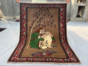Vintage Afghan Baluchi Pictorial Rug 3'2 x 4'5 ft, Hand-Knotted Wool, Rare Rug - Picture 1 of 11