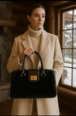 Paolo Masi Италии натуральной кожи меха сумка с короткими ручками черное золото оборудование роскошь сумочка - Изображение 1 из 4