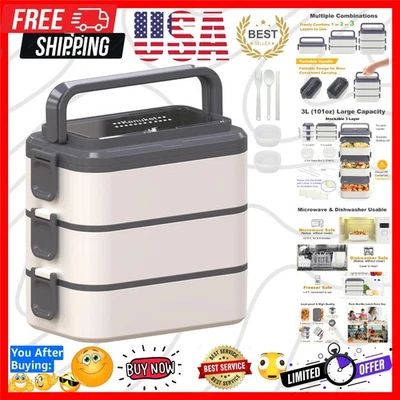 Versátil caja Bento de 3 capas - apta para lavavajillas con divisores y utensilios incluidos Foto 1 de 4