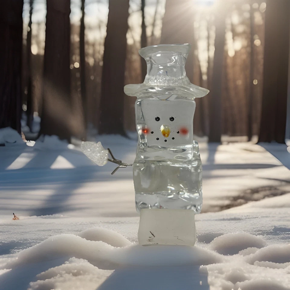 Snowman Ice Cube Figurine Faux On A Sled Acrylic Holiday Winter Decoration - Image 1 of 4