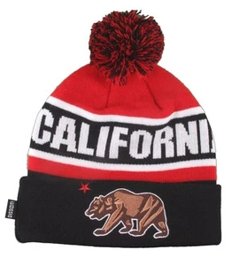 Dissizit! Cali Bear California Red Black Pom Beanie Slick LA Compton Winter Hat - Picture 1 of 3