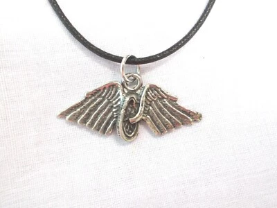 FALLEN BIKER IN MEMORY OF ANGEL WINGS MOTORCYCLE TIRE PEWTER PENDANT NECKLACE - Image 1 of 2