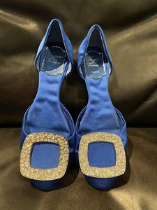 Roger Vivier Blue Satin Ballerine Chips Buckle Strass Flat- Size 35/US 5 - Picture 1 of 10