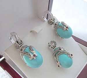 TURQUOISE EARRINGS & PENDANT SET HANDMADE RUSSIAN SOLID STERLING SILVER 925 - Picture 1 of 10