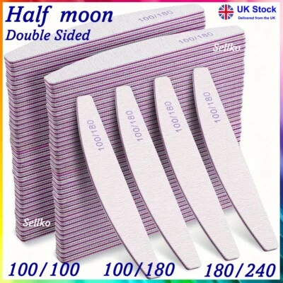 Nail Files 100/180/240 Grit Half Moon Emery Board Buffer File Diamond Curve Set - Image 1 of 4