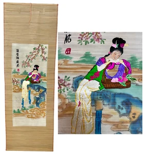 VTG Asian Embroidered Hand Painted Bamboo Hanging Scroll Art 58X20 Japan Geisha - Picture 1 of 24