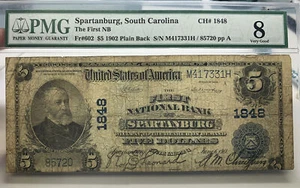 1902 $5 FIRST NATIONAL BANK OF SPARTANBURG, SC NATIONAL CURRENCY #1848 PMG VG8 - Picture 1 of 6