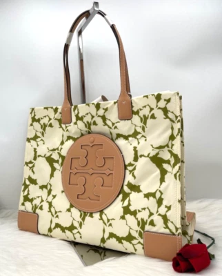 AUTH NWT TORY BURCH ELLA Logo Flower Prints Large Nylon Tote -Green Bold Flower - Image 1 of 4