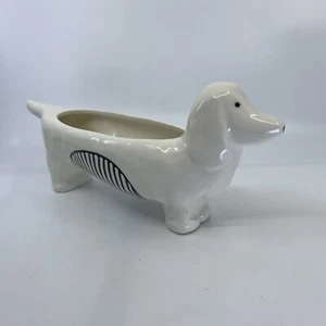 Dachshund Weiner Dog White Ceramic Planter Vase Figurine Black Stripes - Picture 1 of 13