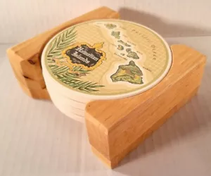 Set Of 4 Hawaiian Coasters w/ Wooden Holder. Cork Backing Water Absorbent - Picture 1 of 11