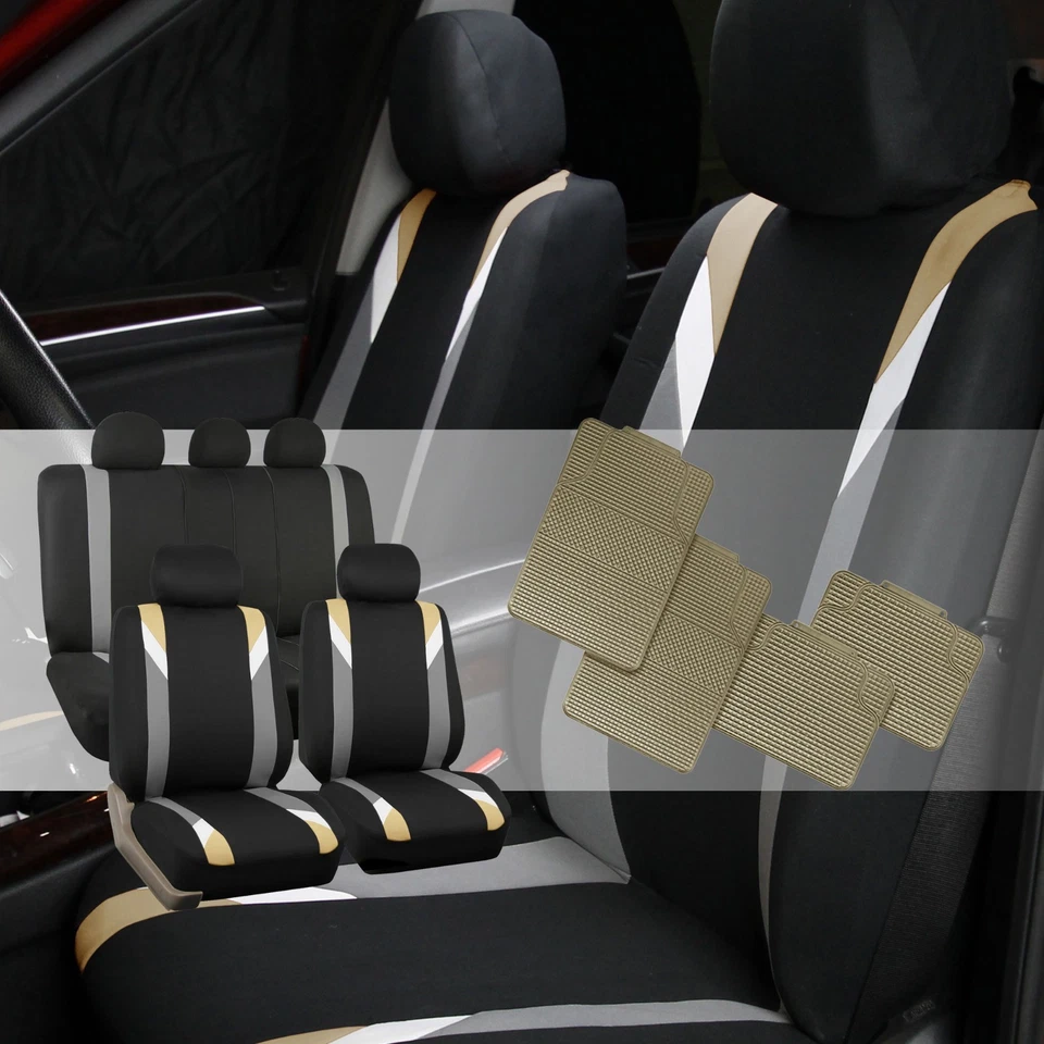 Premium Modernistic Beige Black Auto Car Seat Covers with All Weather Floor Mats - Image 1 of 4