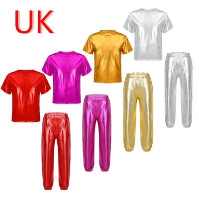 Kids Girls Boys 2 Piece Hip Hop Dance Shiny Metallic T-Shirts with Harem Trouser - Image 1 of 4