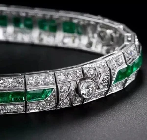 9CT Lab-Created Emerald & Diamond Classic Tennis Bracelet 14K White Gold Finish - Picture 1 of 4