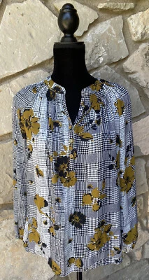 SHARAGANO Tunic Top M Black White Gold Floral Smocked Accent Buttons Excellent - Image 1 of 4