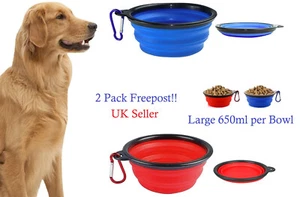 x2 Collapsible 650ml Large Dog Bowl Pet Cat Food Water Feeding Portable Travel - Picture 1 of 7