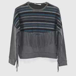 ZARA Sweatshirt Womens Sz S Fringe Gray Blue Striped Southwestern Cotton Western - Picture 1 of 9