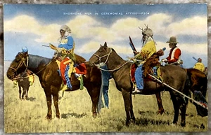 Shoshone Men in Ceremonial Attire Native American 1940's Linen Postcard 2333 - Picture 1 of 3