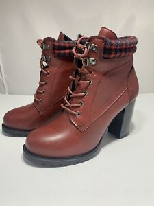New Womens Boots Size 8M Fashion Combat Boots Ruby Color Faux Leather 3.5” Heel