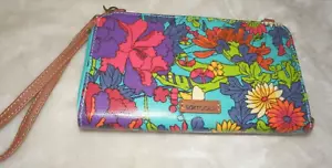 NEU SAKROOTS ARMBAND GELDBÖRSE Türkis Blau Blumen Braun Lederbesatz - Bild 1 von 4