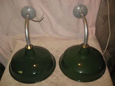 Rare PAIR Antique 14" Gas Station Industrial Porcelain Enamel ANGLED WALL LIGHTS - Image 1 of 4