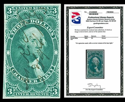 Scott R85a 1862 $3.00 Imperf Charter Party Used VF Cat $250 with PSE CERT - Image 1 of 2