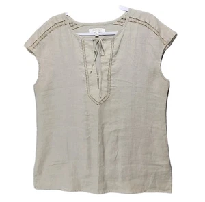 Ellen Tracy Top Shirt Womens L Natural All Linen Light Airy Crochet Cap Sleeve - Picture 1 of 16