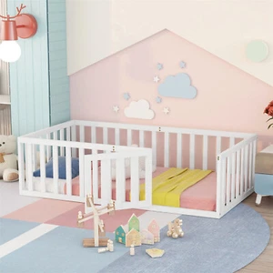 Kinderbett Bodenbett Babybett 90x200 cm massiv holz Schutzgitter mit Tür Weiß - Bild 1 von 11