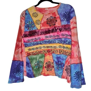VTG Size XL Multi Color Whimsical Patchwork Flare Sleeve Top Boho Hippie Fairy - Picture 1 of 5