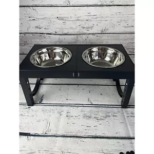 Adjustable Elevated Double Dog Bowls Feeder Stand Stainless Bowls Plastic Base - Picture 1 of 6