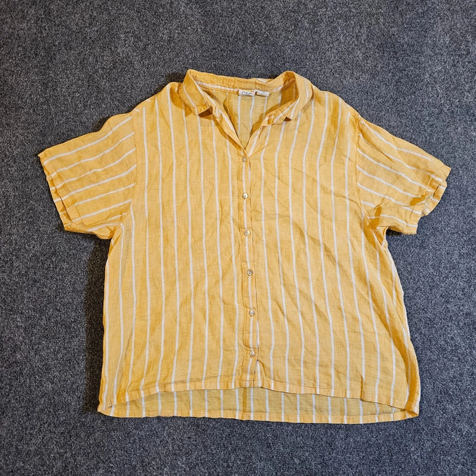 C&C California Top Womens Size Large Yellow Linen Striped Button Casual Beachy - Image 1 of 4