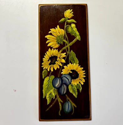 ВИНТАЖНАЯ настенная табличка с подсолнухами ручная роспись на дереве 15 дюймов x 6,5 дюйма с ПОДПИСЬЮ - Изображение 1 из 4