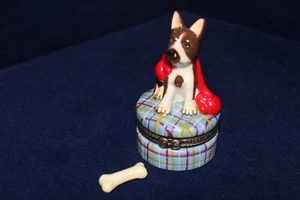 Adorable Vintage Boxer Bull Dog Porcelain Hinged Trinket Box, W Gloves & Bone - Picture 1 of 14