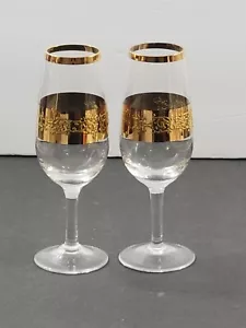 Set 2 bicchieri da vino champagne scanalati a rotolo oro inciso vintage 6 1/2" - Foto 1 di 8