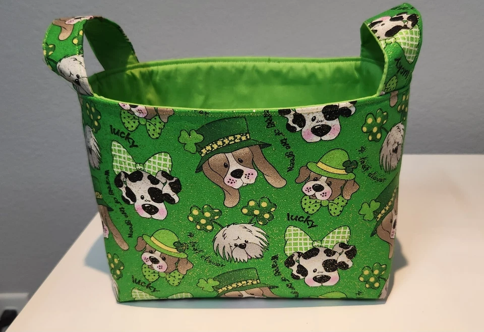 Storage Fabric Organizer Bin Container Basket -St Patrick's Day Glitter Dogs - Image 1 of 2