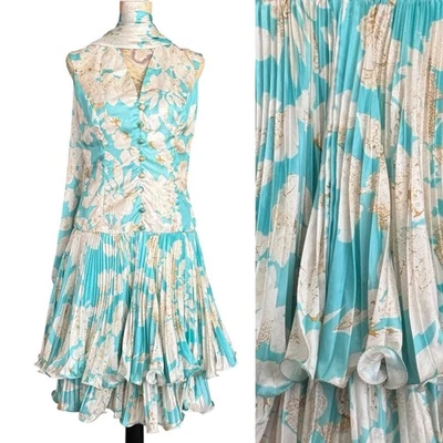 Vtg 1970s Ric McClintock Dress Teal Pleats Silky Scarf Party Cocktail Rare - Image 1 of 4