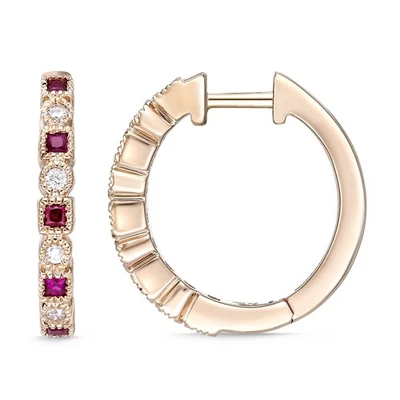 10K Rose Gold Hoop Earrings with Square Ruby & 0.08 Carat Round Diamond Accents - Image 1 of 4