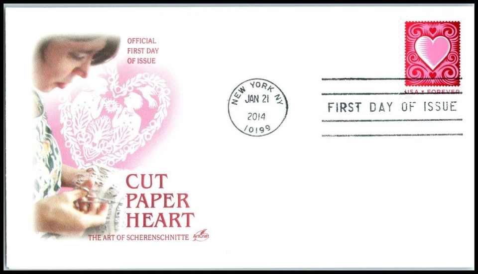 2014 Cut Paper Heart Sc 4847 FDC ArtCraft Love Valentine romance folk art - Image 1 of 1